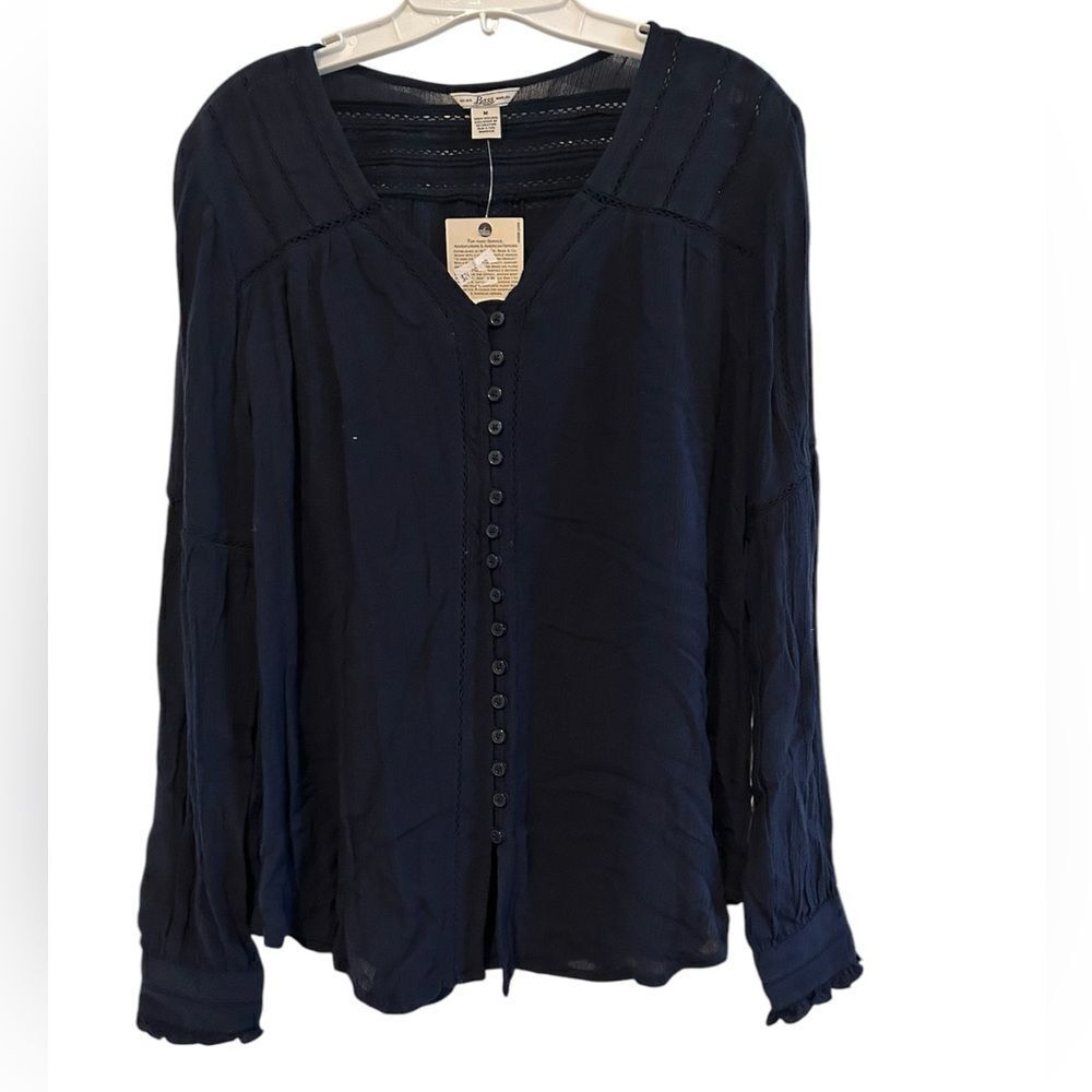 New Bass Cotton Button Front Raglan Lace Valentine Date Night Shirt M